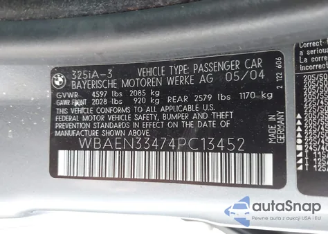 2004 BMW 325 It from USA, damaged, VIN WBAEN33474PC13452